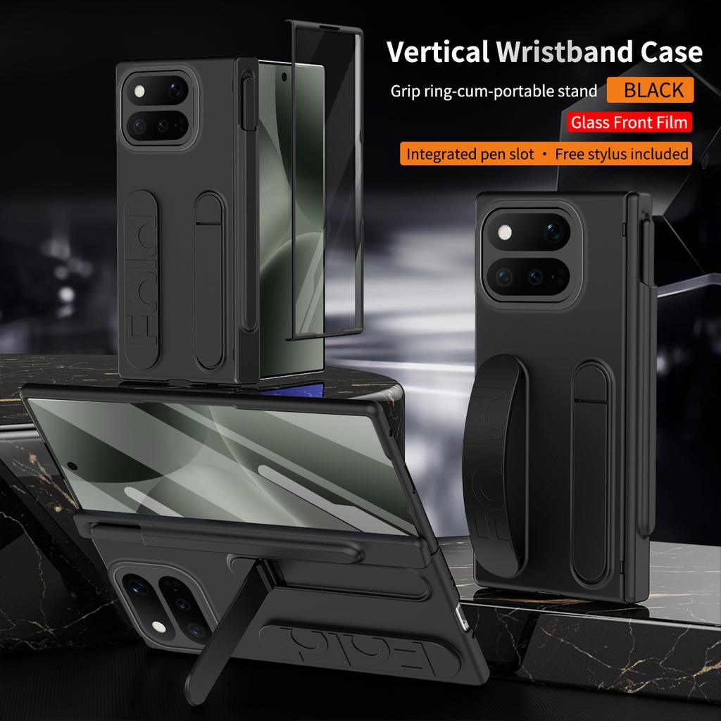 For Google Pixel 11 10 Pro Fold Vertical Wristband Case Grip Ring-Cum-Portable Stand Pen Slot Hinge Protection Free Stylus Cover