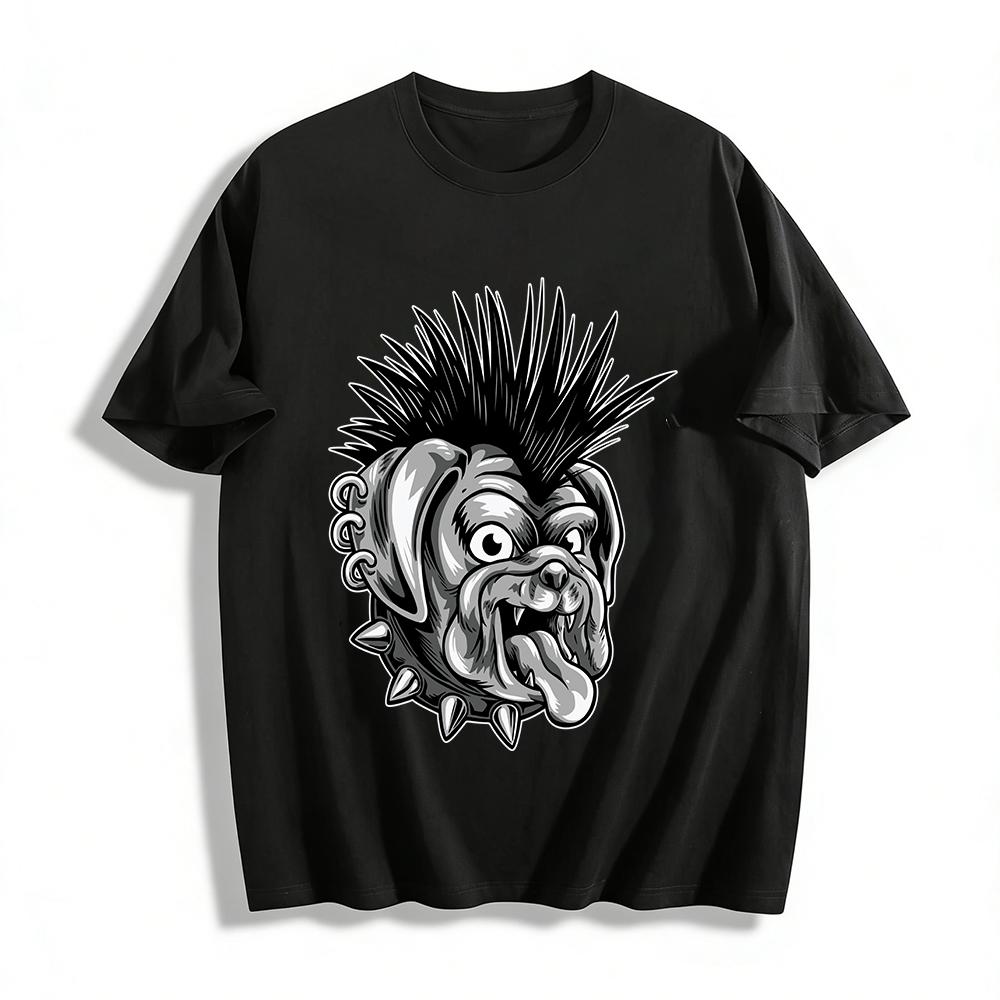 

Punk Style Bulldog Print T-Shirt Trendy Retro Streetwear Top Pure cotton T-shirt 6XL
