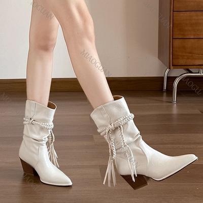 Modne jesienne nowe buty kowbojskie w stylu zachodnim dla kobiet z frędzlami ze sznurka konopnego, ze szpiczastym noskiem, modne buty na grubym obcasie, botki do połowy łydki