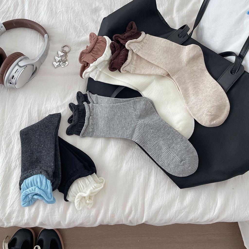 1/5 Pairs Mid-tube Socks for Girls Double Cuffs Pile Socks Women's Comfortable Socks