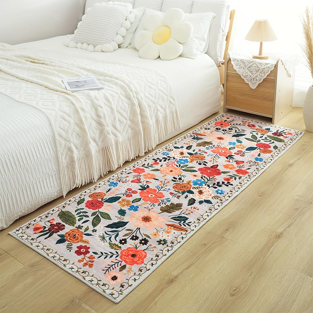 Premium Floral Bedroom Runner Rug, Soft Machine Washable Kitchen Mat - Non-Slip Indoor Doormat for Entryway, Laundry, Bathroom, Kitchen & Living Room