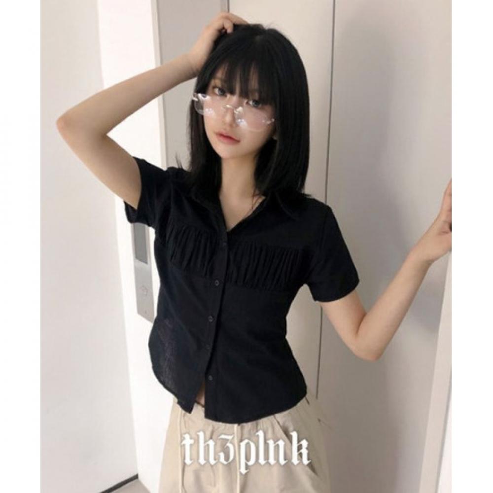 The Pink Women Slim Fit Shirring Collar Short Sleeve Shirt Blouse