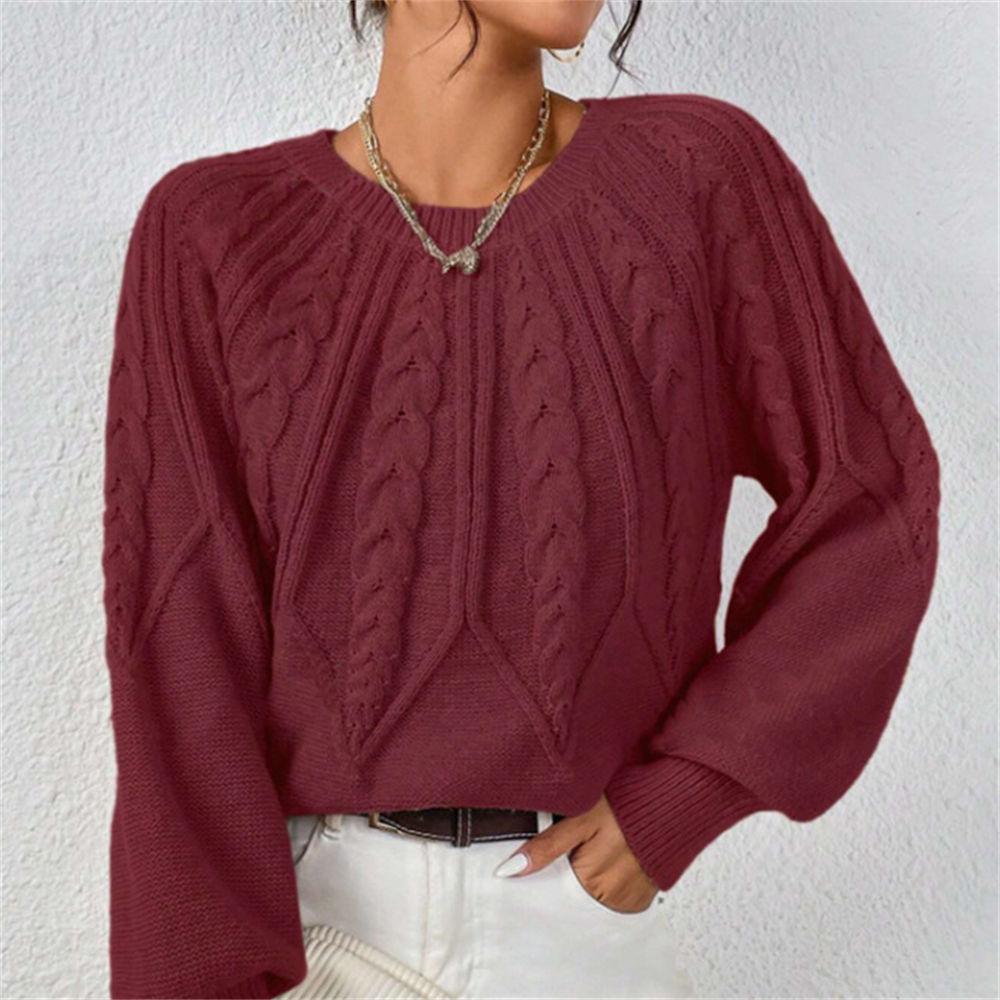 Women's Autumn/Winter Solid Color Cable Knit Sweater, Loose Crew Neck Lantern Sleeve Versatile Knit Top S-XL