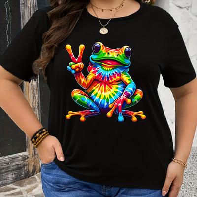 Camiseta de Manga Corta con Cuello Redondo y Estampado de Rana Tallas Grandes para Primavera y Verano Camisetas Casuales para Mujer