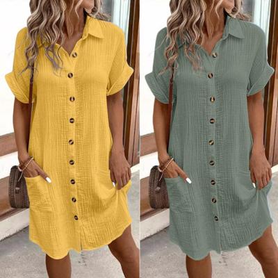 Summer Women Dress Turn-down Collar Single-breasted Loose Short Sleeves Loose Solid Color Patch Pocket Knee Length Commute Leisure Midi Dress