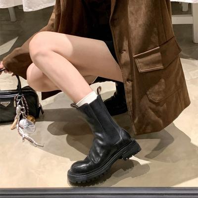 Su Yinyin Has the Same Retro Round Head Versatile Pleated Thick Sole Thick Heel Chelsea Elastic Martin Short Boots Women's Cigarette Boots