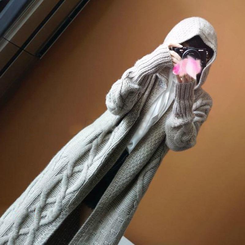 Autumn Winter Loose Knitted Women Hooded Long Sweater Coats Casual Korean Fashion Solid Color Elegant Jacket Twist Thick Cardigan Sweaters Clothing
