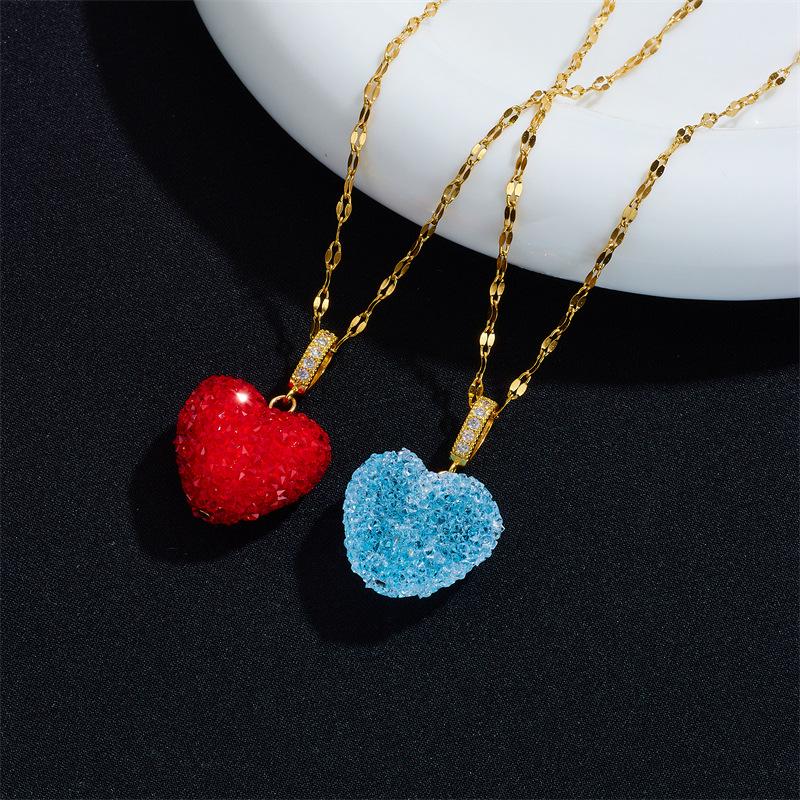 Bling Colorful Rhinestone Love Heart Pendant Necklace Fashion Hip Hop Stainless Steel Chain Jewelry Gifts for Women Teen Girls