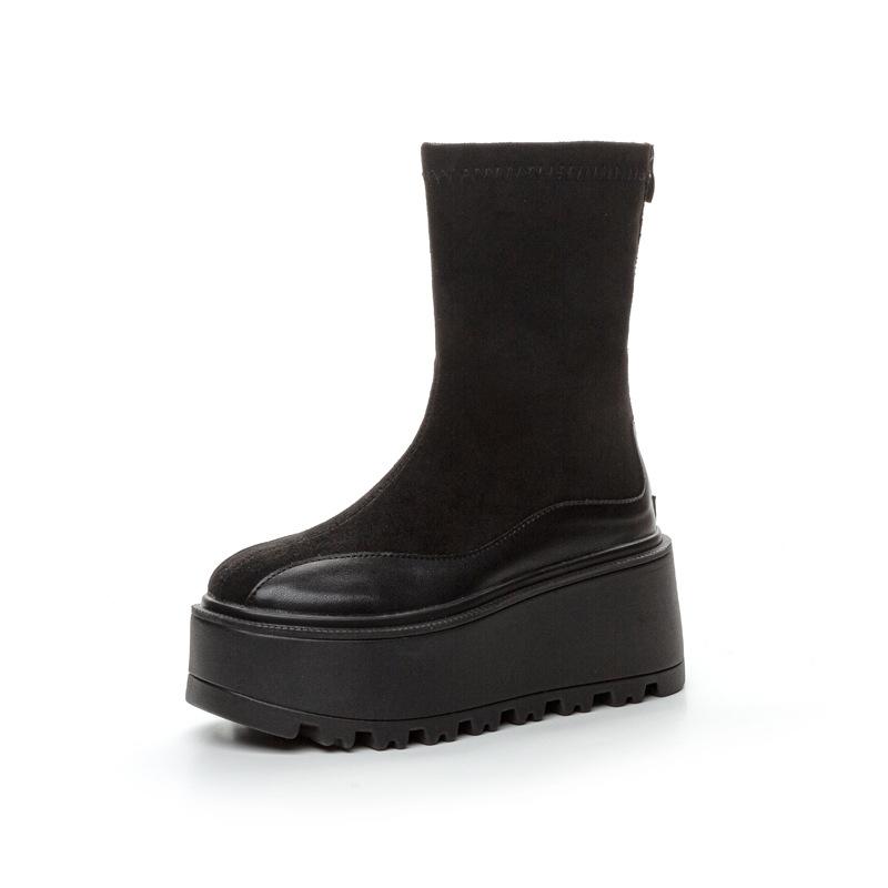 Thick-soled Medium Leather Boots Women's Autumn and Winter 2025 New Muffin Shoes Popular Fashion Short Boots Women's Thin Elastic Boots