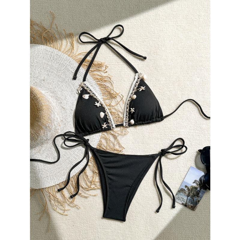 

Коричневый ribbed ракушка морская звезда Декор Бикини Комплект Треугольник Завязки по бокам Двухсекционный купальник S чёрный