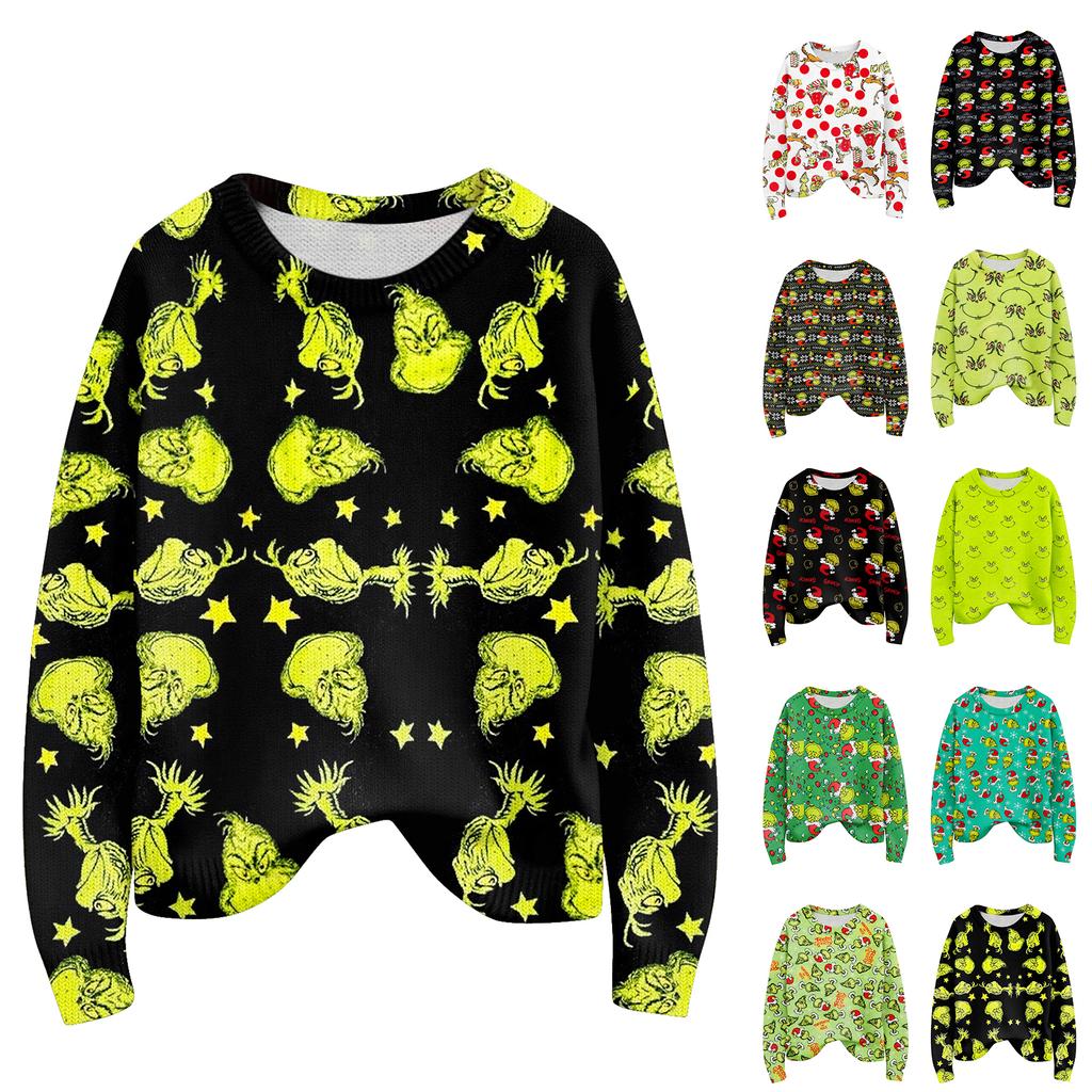 Long Sleeve Pullover Sweaters For Women O Neck Casual Cute Printing Knit Oversized Sweater