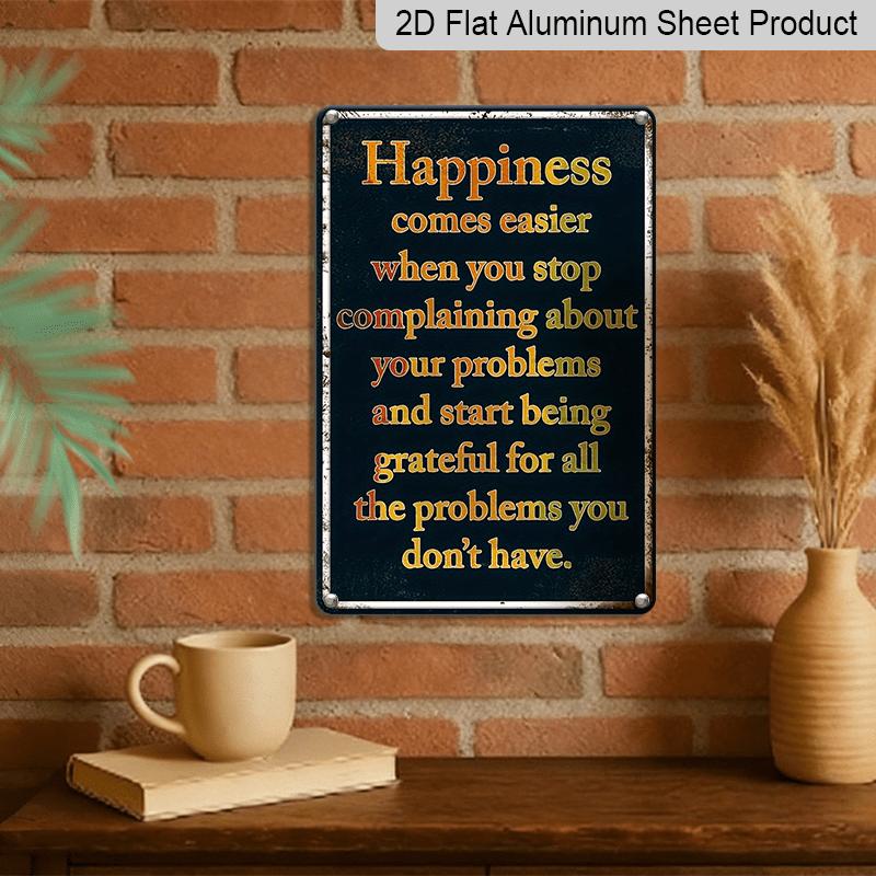 2D Flat, Vintage "Happiness Comes Easier" Metal Wall Art Sign - Retro Aluminium Decor with Inspirational Quote, Ideal for Home, Office, Bar, Garage
