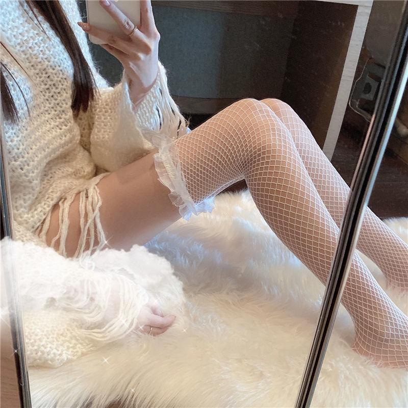 Black Lace Bow Garter Stockings - Over-the-Knee Fishnet for Women