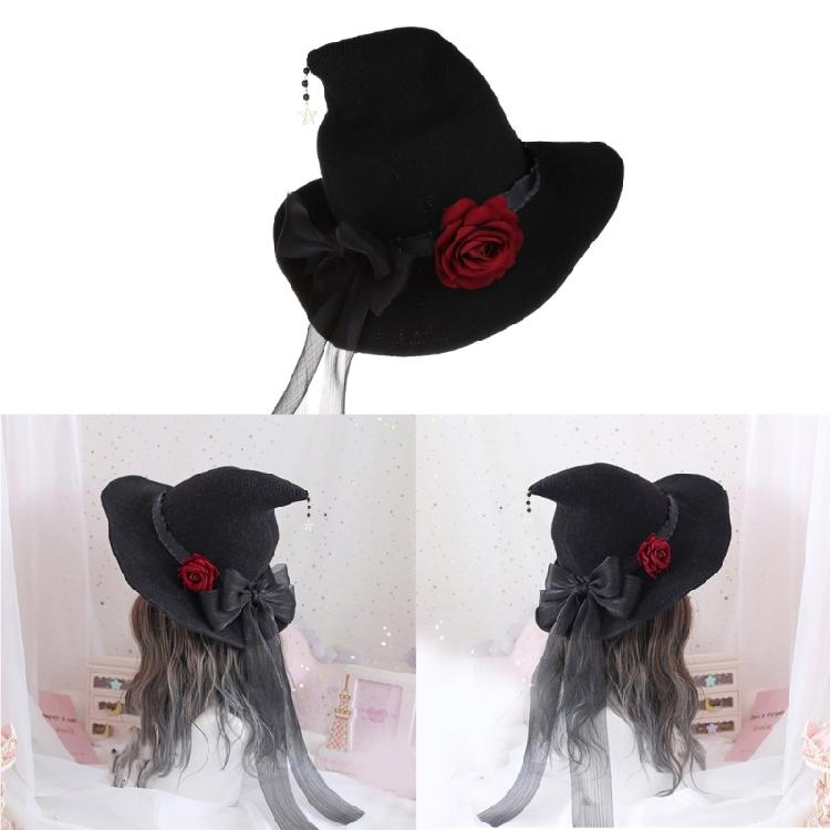 Halloween Lolita Witch Hat Rose Big Bow Gifts Dress Party Witches for Head Ornam