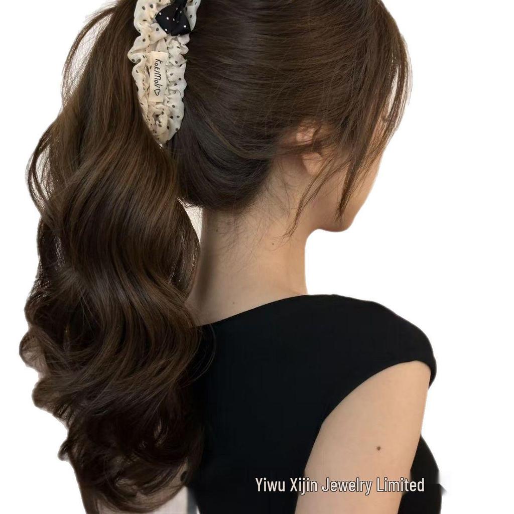 Polka Dot Banana Clip Teddy Bear with High Ponytail - Cute Autumn/Winter Academy Style