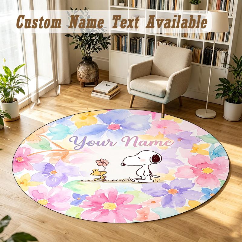 Snoopy Peanuts Personalized Round Rug Support Custom Name, Soft Home Decor Mat