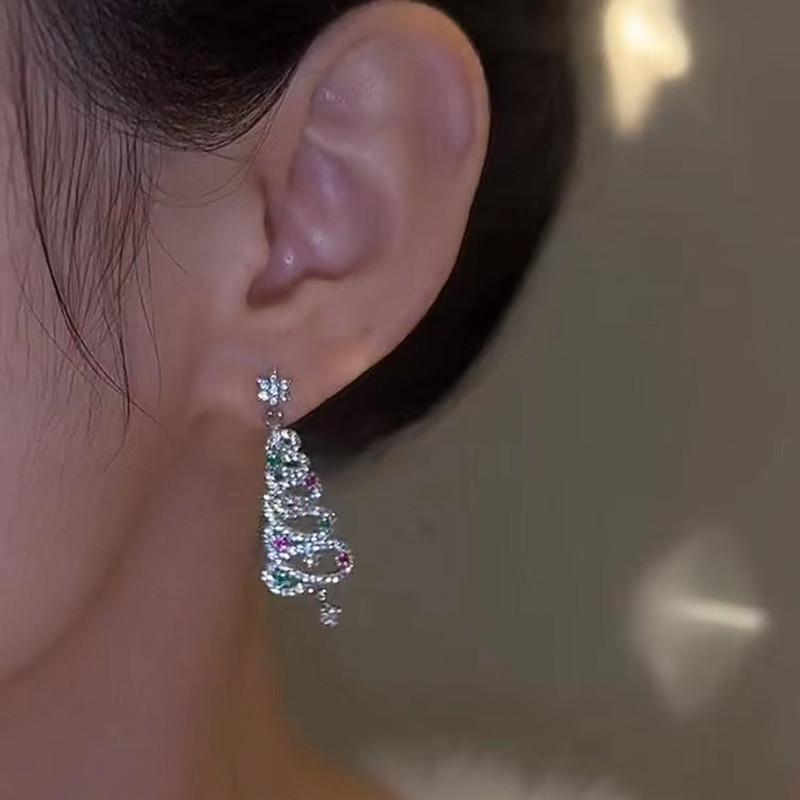 New Full Inlaid Colorful Zircon Christmas Tree Tassel Earrings Women's Fashion Personality Earrings Party Jewelry Christmas Gift