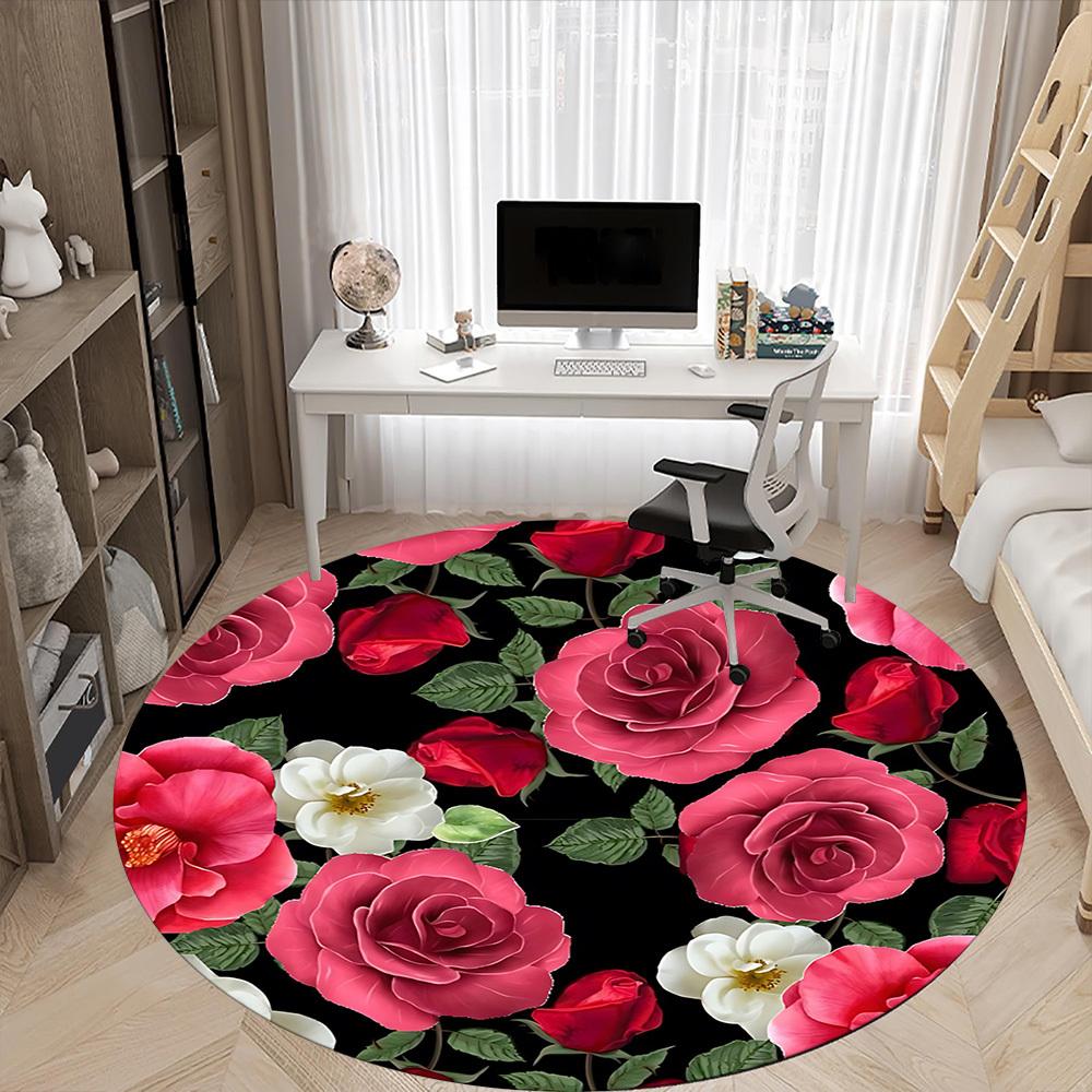 1 Stück Rose Blumenmuster Stuhlteppich für Büro, Runder Rutschfester Langlebiger Großer Büroteppich, Geeignet für Büro