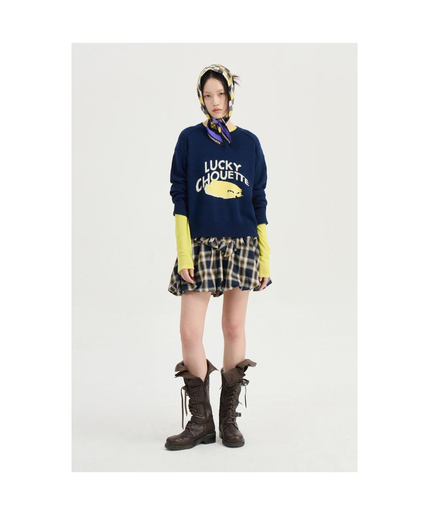 LUCKY CHOUETTE Intarsia Chouette Round Neck Pullover (Dark Navy)_Lfwas25220Nyd