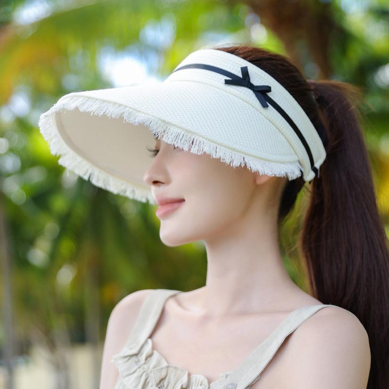 Tassel Large Brim Sun Hat Summer Outdoor Travel Sun Protection Hat Women's Plaid Bow Empty Top Hat
