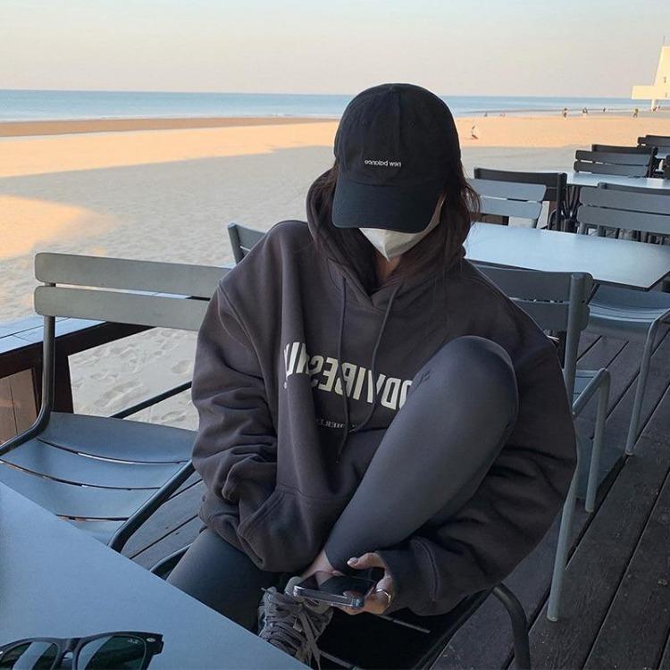 Women Vintage Oversize Grey Hoodie Sweatshirt Casual Streetwear Long Sleeve Letter Print Warm Baggy Clothing