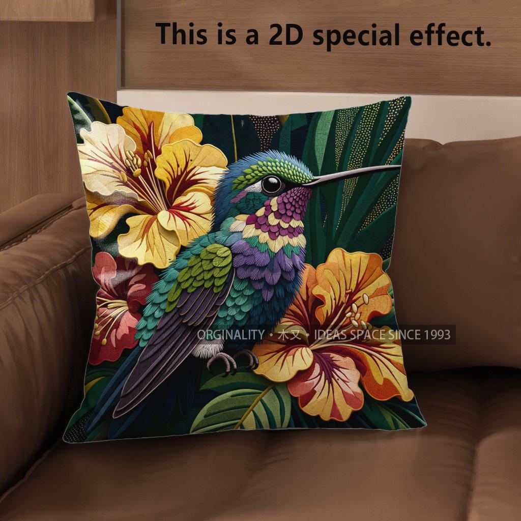 2D Tropical Hummingbird Floral Throw Pillow Covers Pattern Cushion Cover Suitable For Sofa Bedroom Car Pillow Cover