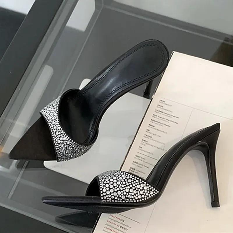 Модные сексуальные туфли на высоком каблуке с острым носком и леопардовым принтом, женские летние босоножки со стразами и кристаллами, туфли на выпускной, мюли, шлепанцы