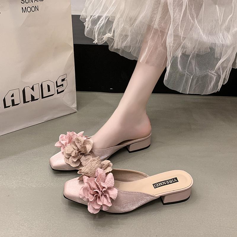 High heels women's spring and summer 2025 new French bag head flower sandals square head thick heel light mouth outer slippers women