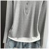Fake Two-Piece Long Sleeve T-Shirt Loose Slim Base Top For Early Autumn Stretchy Slim Base Layer Soft Ribbed Fabric Good For Inner And Outer Wear Top