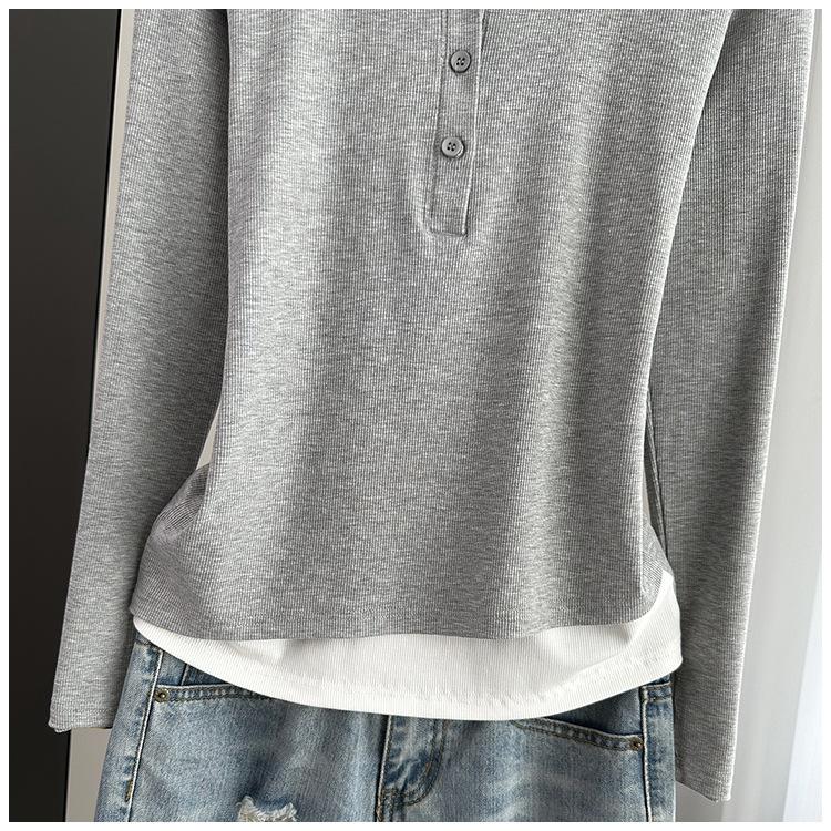 Fake Two-Piece Long Sleeve T-Shirt Loose Slim Base Top For Early Autumn Stretchy Slim Base Layer Soft Ribbed Fabric Good For Inner And Outer Wear Top