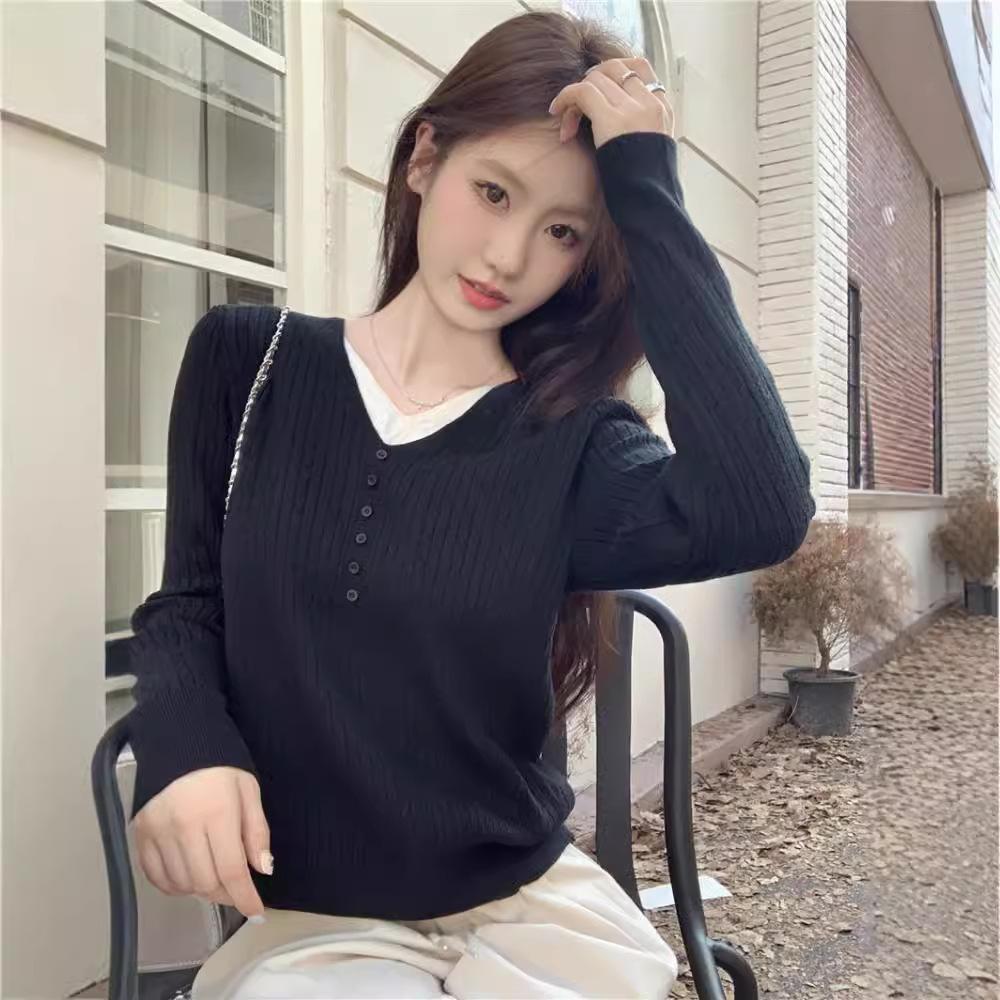 

Осень Зима Фейковый Двойной Внутренний Слой Базовый Слой Свитер Верхняя Одежда Женский Шикарный Вязаный Топ Абрикосовая Блузка One Size чёрный