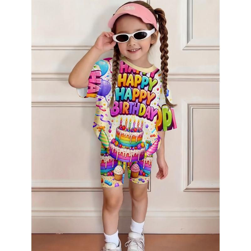 Girls' Summer Birthday Print Short-Sleeved Shorts Set - Fresh Light-Colored Children's Casual Outfit