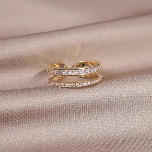 

Корейская мода ювелирные изделия 14K настоящее золотое покрытие двойное циркониевое кольцо элегантное женское открывающееся регулируемое повседневное рабочее аксессуары Resizable белый