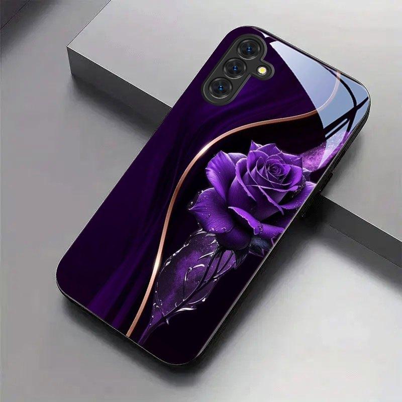 Gilded Purple Rose Dark Pattern Glass Phone Case Suitable for Samsung Galaxy S26 S25 S24 S23 S22 S21 S20 FE/Ultra/Plus Anti Drop