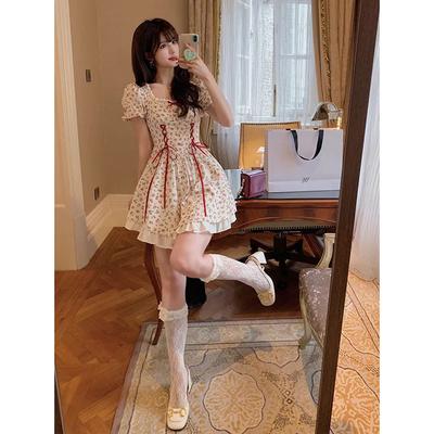 Frisches Blumenkleid Sommer Französisch Puffärmel Schleife Super Fee Wald Spitze Rüschenkleid