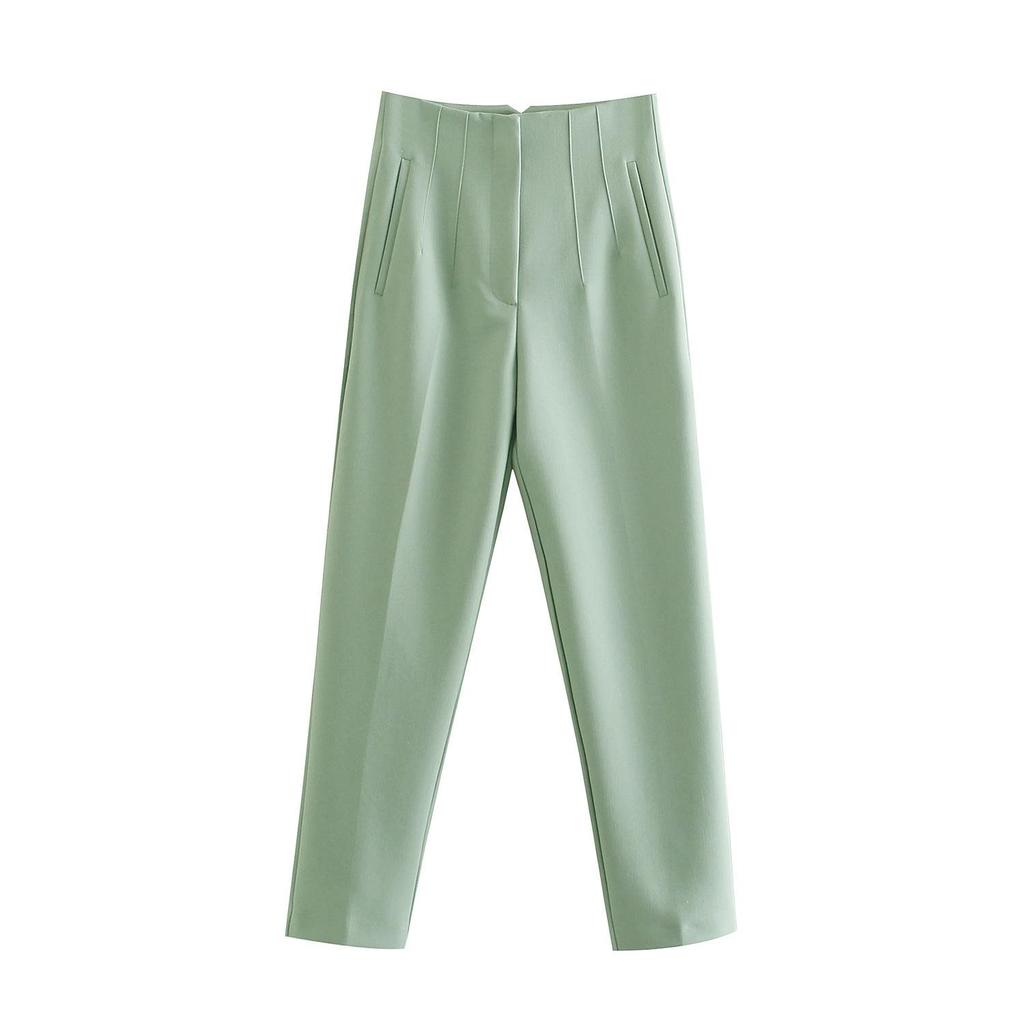 Women Solid Color High Waist Pockets Buttons Office Lady Orange Suit Pants Trousers