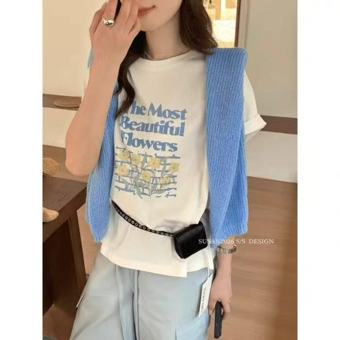 

Floral Print Front-sleeve Short-sleeved Women s Summer Loose-fitting Slimming T-shirt with Design Feature Top M