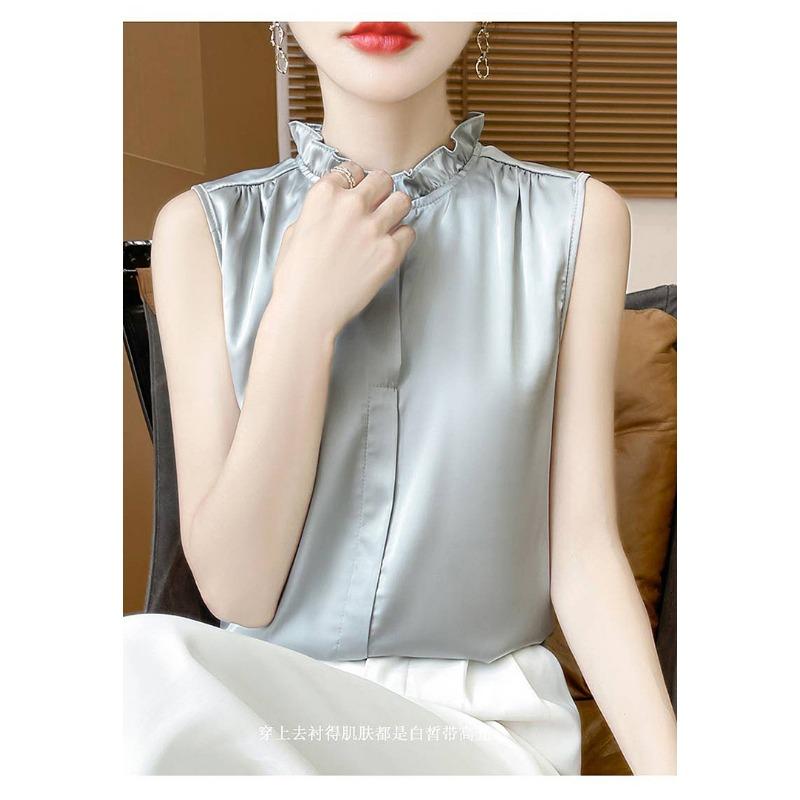 Women Beige Sleeveless Blouse With Ruffle Neck And Button Down Casual Silk Like Summer Top