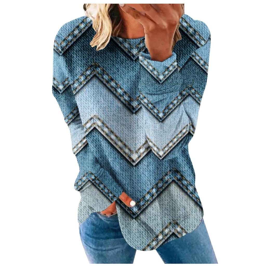 Ladies Casual Fashion Print Long Sleeve Round Neck Pullover T-Shirt Top