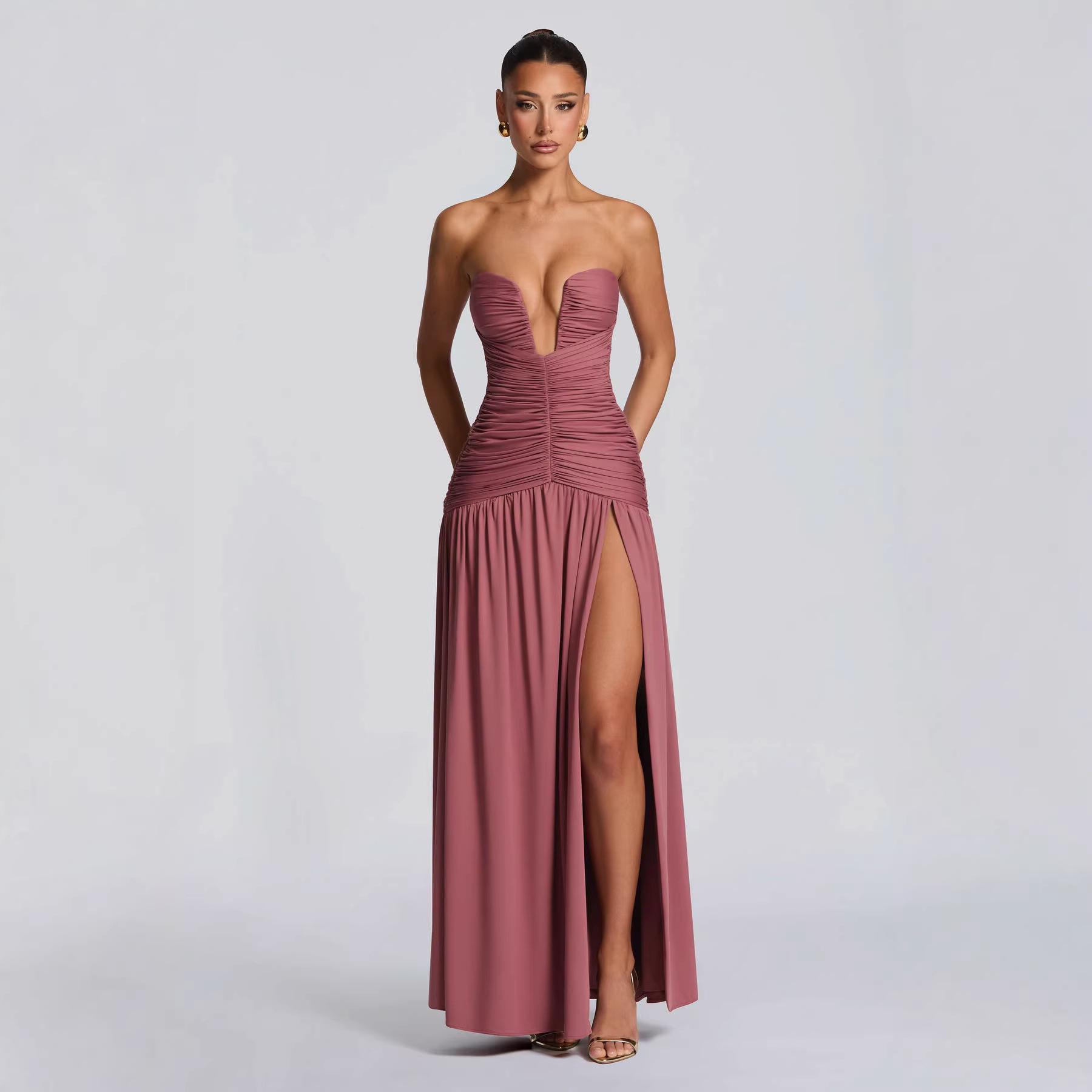 

Elegant Strapless Ruffled High Slit Dress - Spring 2026 Collection Large