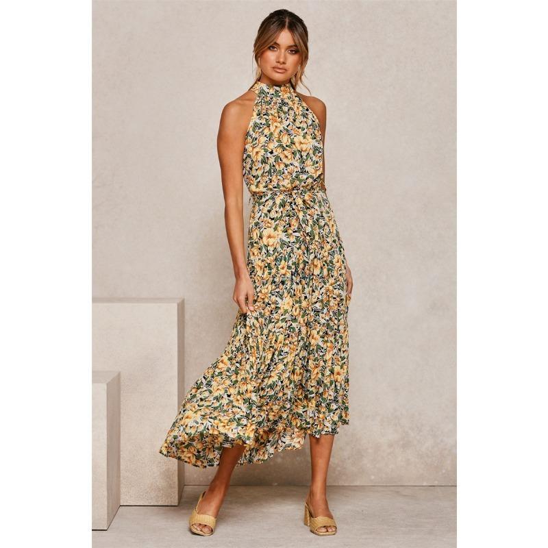 Women's Hanging Neck Polka Dot Printed Tie Dress Long Long Dress