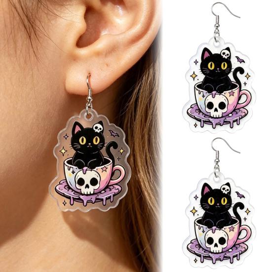 Dark Style Jewelry 1 Pair Halloween Earrings for Women, 2D Acrylic Teacup Black Cat Creative Pendant Gift Dangle Drop Earrings, Gothic Cartoon Party,