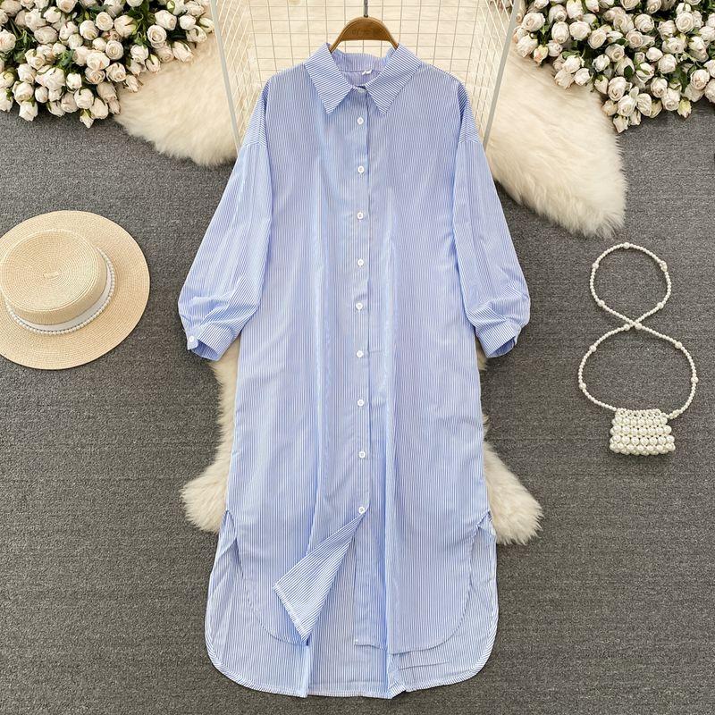 

Chic Stripes Lapel Single Breasted Dress Shirt Blue One size