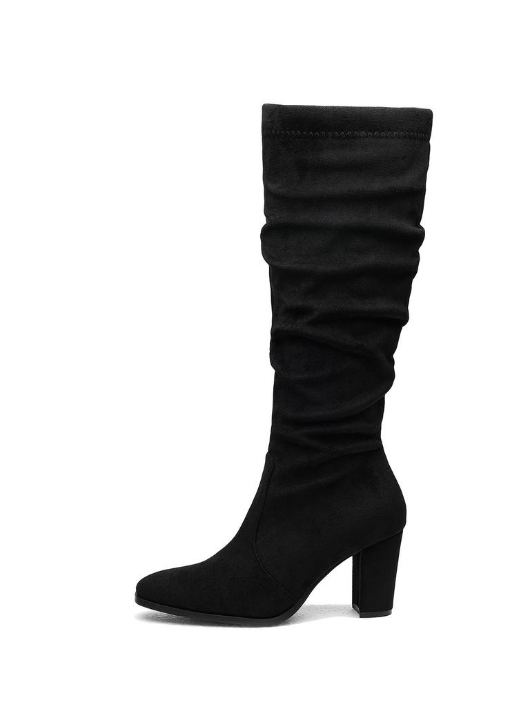 Slimming Women's Plus Size Suede Long Boots with Zipper - Solid Color, Small Square Toe for Autumn & Winter
