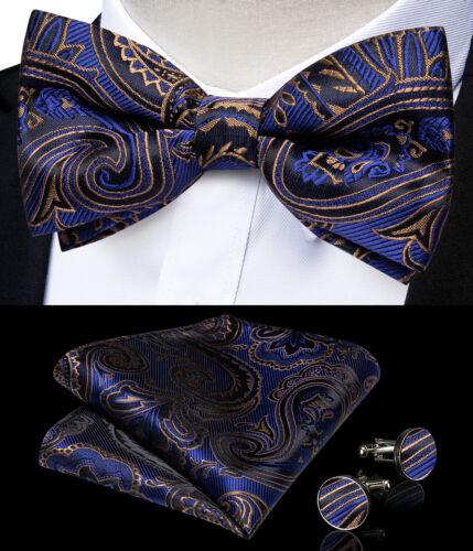 Conjunto de abotoaduras masculinas de seda azul ajustável com gravata borboleta Paisley floral Hanky