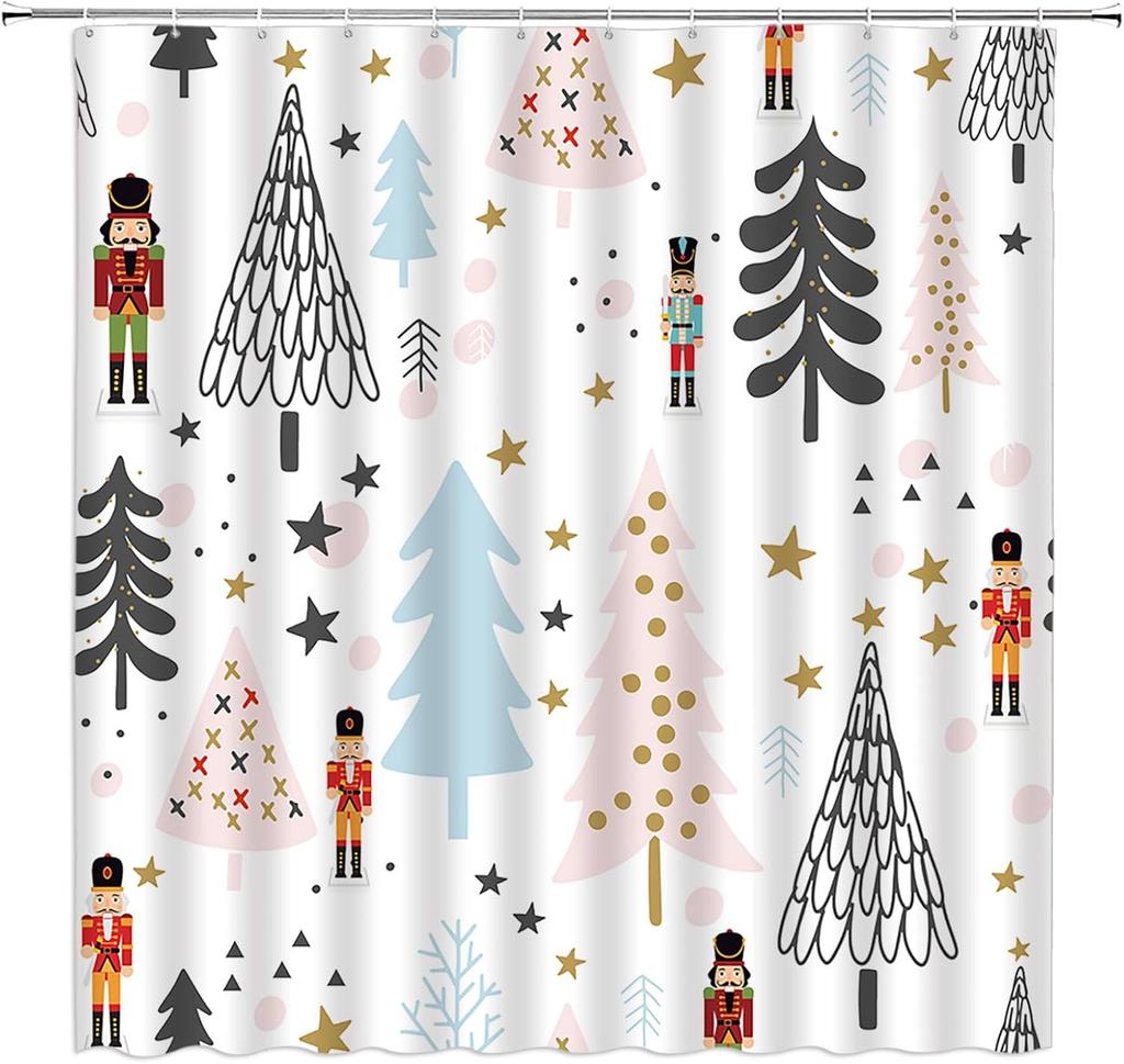 Funny Gray Blue Pink Xmas Tree Christmas Shower Curtain, Waterproof Winter Holiday Bathroom Decor for Seasonal Festival
