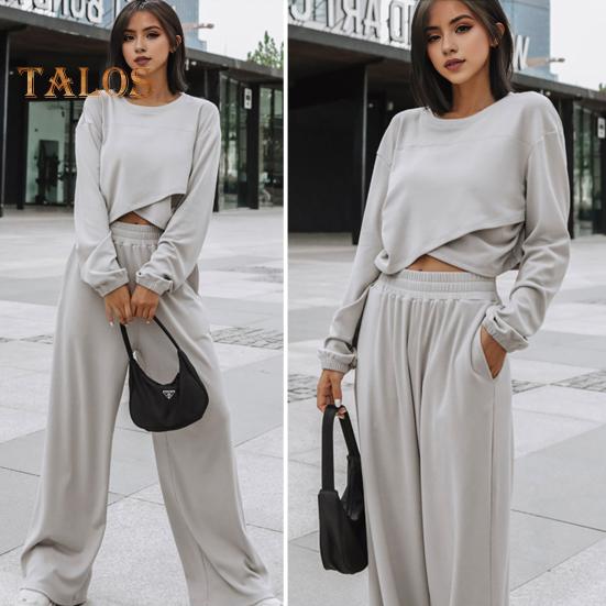 2 stk/sett Dame Topp Buksesett Rund Hals Langermet Uregelmessig Krysskant Genser Ensfarget Elastisk Høy midje Vide ben Bukser Sport Fitness