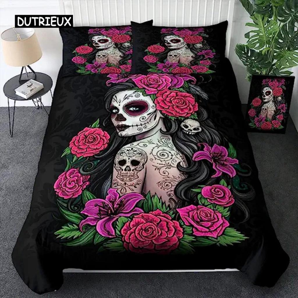 Sugar Skull Segas pārvalks Pusaudžu meitenes gultas veļas komplekts Sugar Skull Decor Gultas veļa Galvaskauss Skelets Rozes Ziedu apdrukas segas pārvalks Dekoratīvs