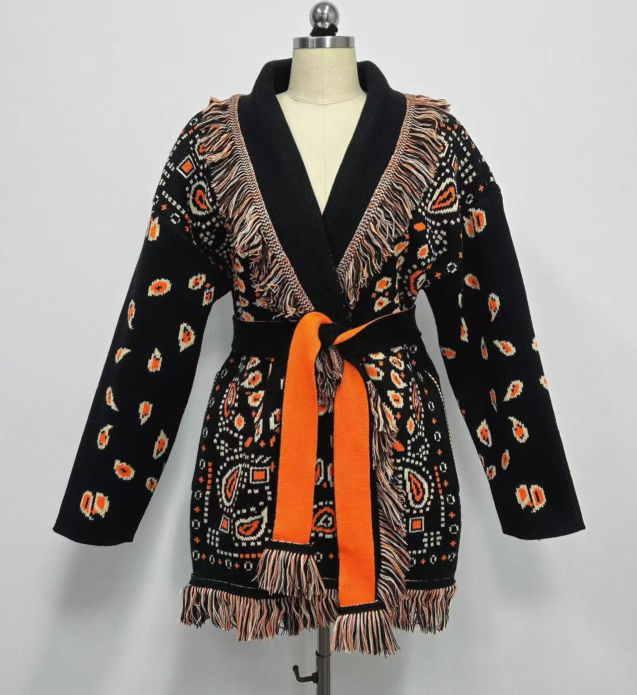 

2026 Retro European & American Tassel Jacquard Color Block Loose Knit Cardigan with Lapel Large