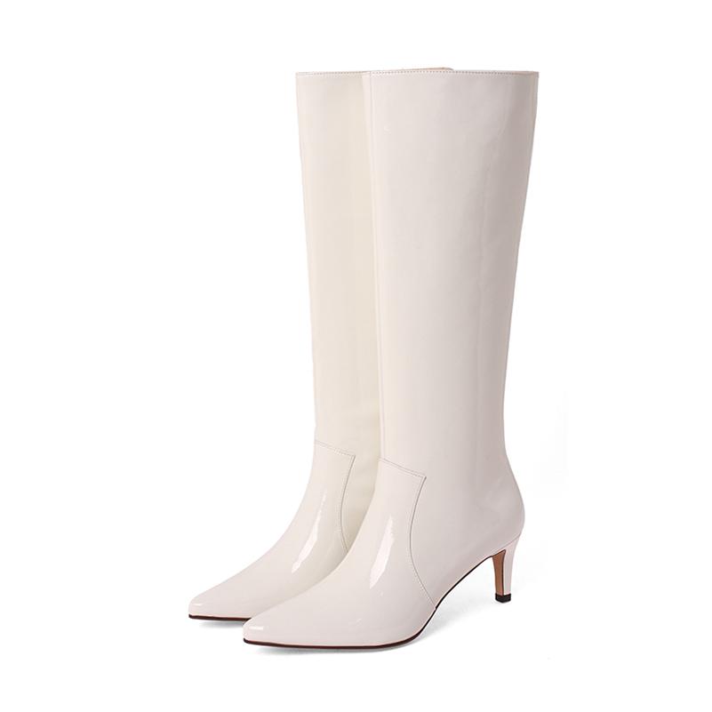 Meotina Women Genuine Leather Knee High Boots Thin High Heel Pointed Toe Fashion Ladies Long Boot Autumn Winter Shoes Blue 40